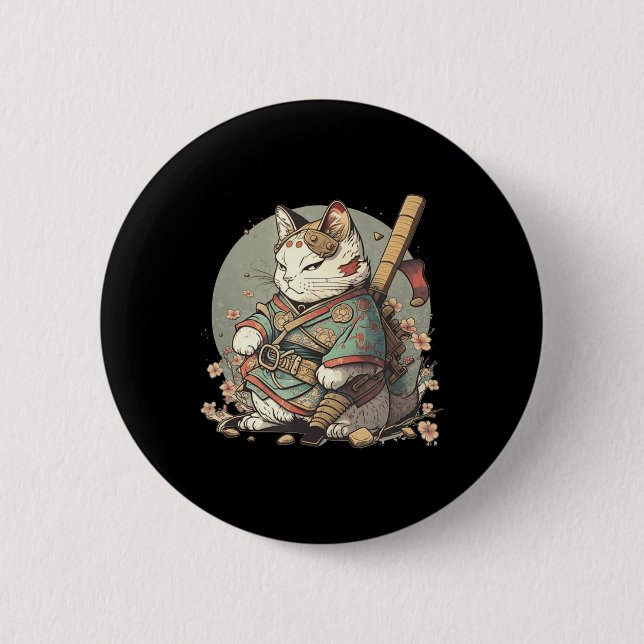 Cat Kawaii Style Samurai Anime Kitten Japanese  Button (Front)