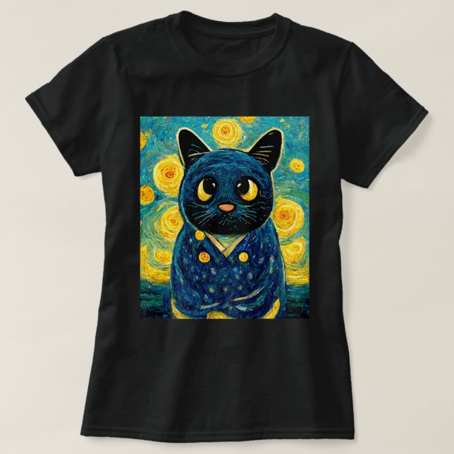 Cat Kawaii Van Gogh Starry Night Cat Mom Cat Dad C T-Shirt (Design Front)