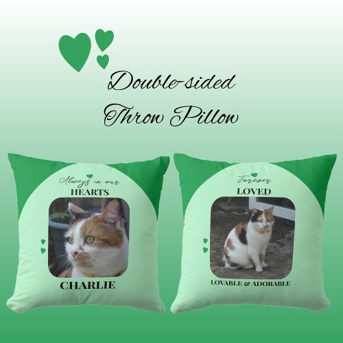 Cat Keepsake Pet 2 photos love hearts green Throw Pillow