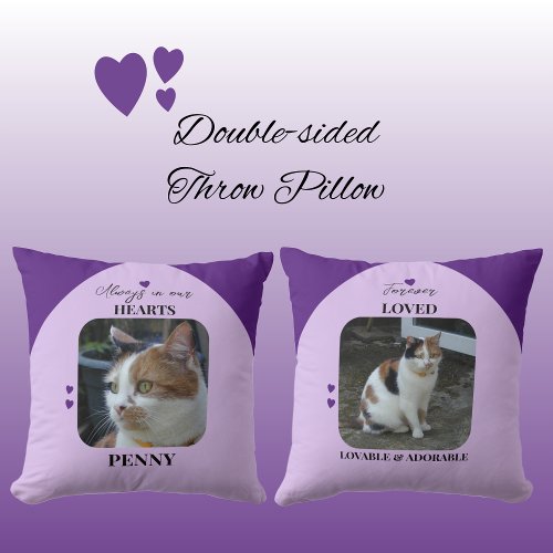 Cat Keepsake Pet 2 photos love hearts purple Throw Pillow