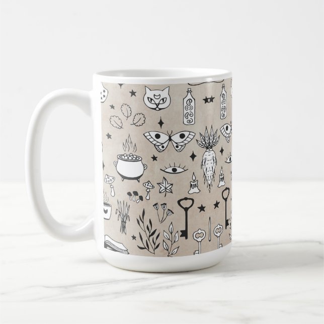 Cat key butterfly herbs flower spell book cauldron coffee mug (Left)