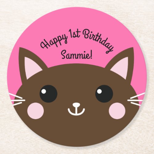 Cat Kids Birthday Party Cute Kitty Round Paper Coaster