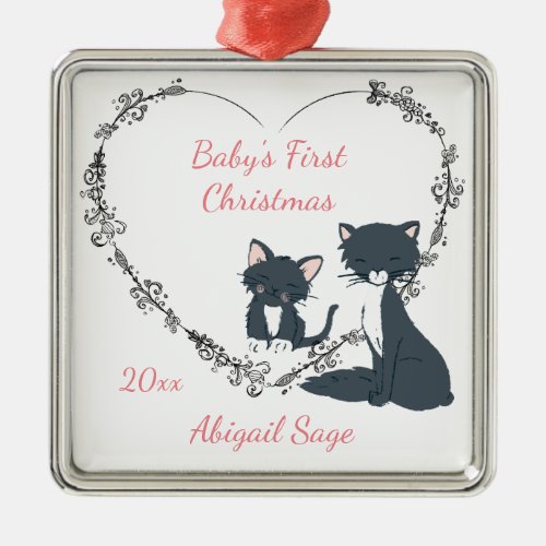 Cat Kitten and Heart Girls Babys First Christmas Metal Ornament