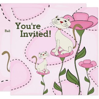 Cat Kitten and Pink Flowers Baby Shower Invitation