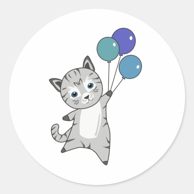 Cat Kitten Balloons Cute Animals Gray Cats Classic Round Sticker (Front)