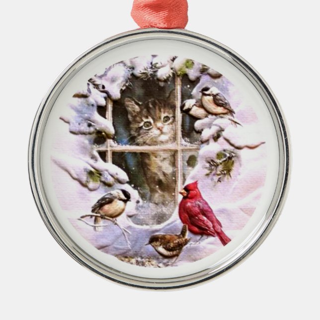 Cat Kitten Birds Snow Family Metal Ornament (Front)
