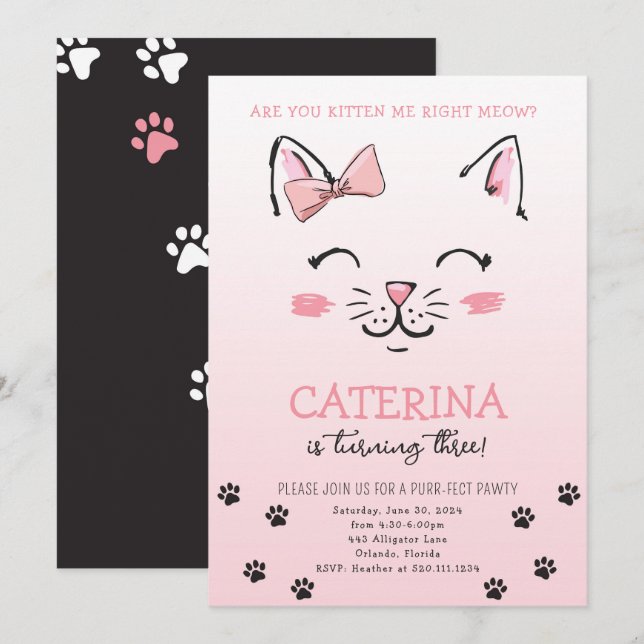 Cat Kitten Birthday Party Invite (Front/Back)