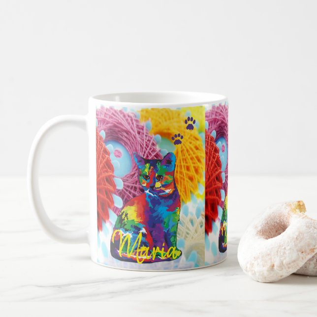 Cat Kitten Colorful Yarn Stripe Mug (With Donut)