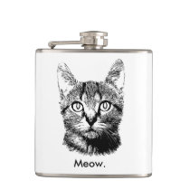 Cat Kitten Cute Meow Hand Drawn Black & White Flask