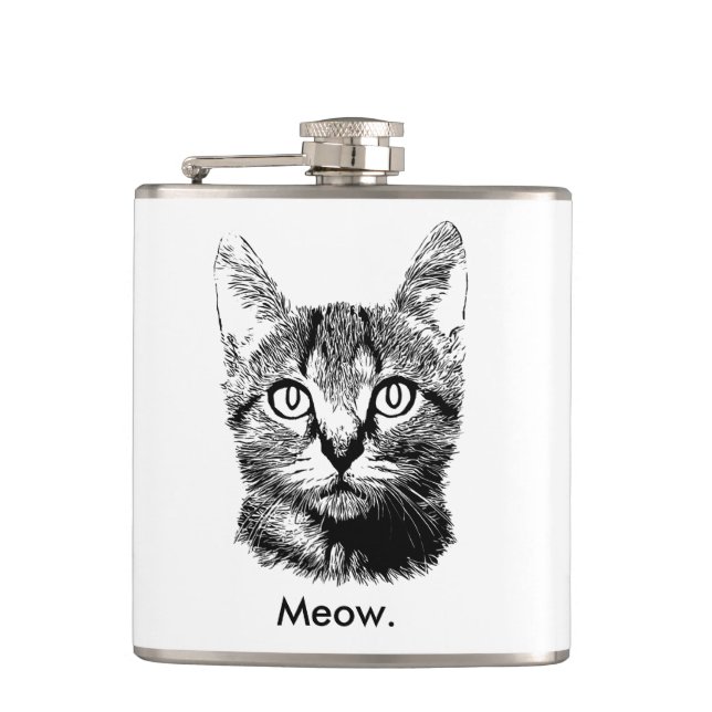 Cat Kitten Cute Meow Hand Drawn Black & White Flask (Front)