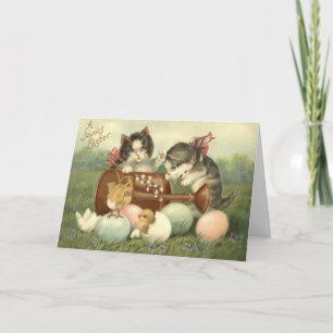 Cat Kitten Easter Colored Painted Egg Chick Holiday Card
