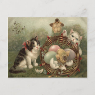 Cat Kitten Easter Colored Painted Egg Chick Holiday Postcard