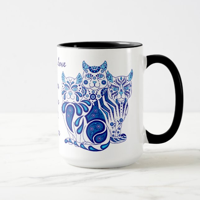 Cat kitten folk blue delft Patches/Stripes/Bobbles Mug (Right)