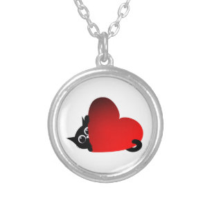 Cat, Kitten, Heart Silver Plated Necklace