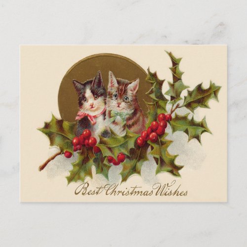 Cat Kitten Holly Winterberry Holiday Postcard