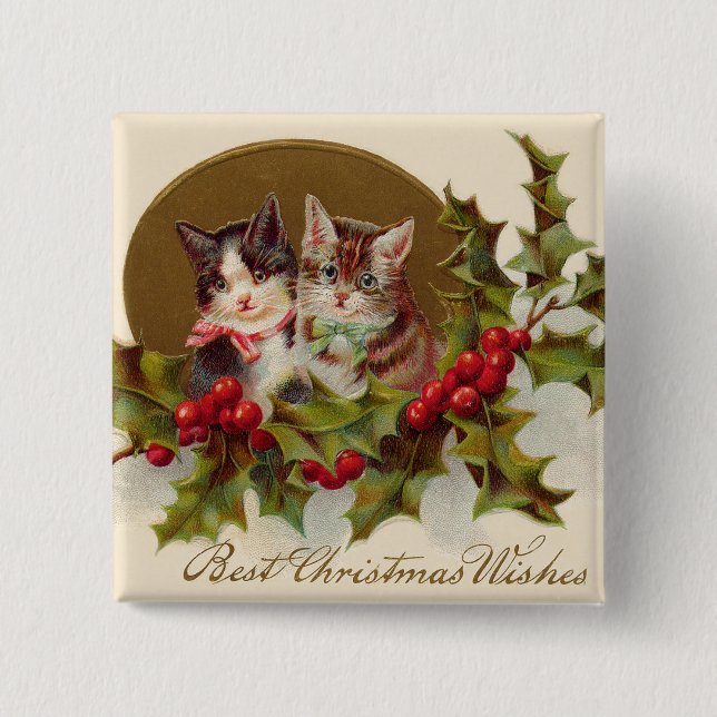Cat Kitten Holly Winterberry Pinback Button (Front)