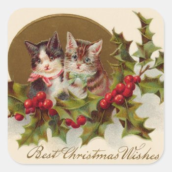 Cat Kitten Holly Winterberry Square Sticker by kinhinputainwelte at Zazzle