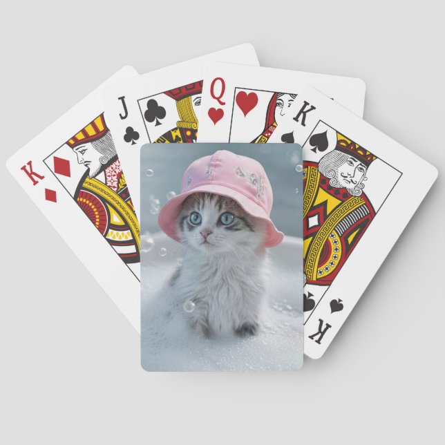 Cat Kitten in Bubble Bath Pink Hat Cute Poker Cards (Back)