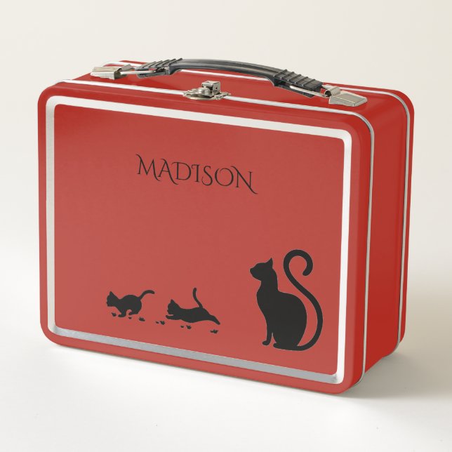 Cat/kitten metal lunch box in red/custom name. (Front)