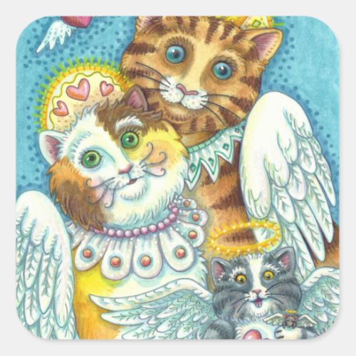 CAT KITTEN  MOUSE ANGELS IN HEAVEN HALO  WINGS SQUARE STICKER