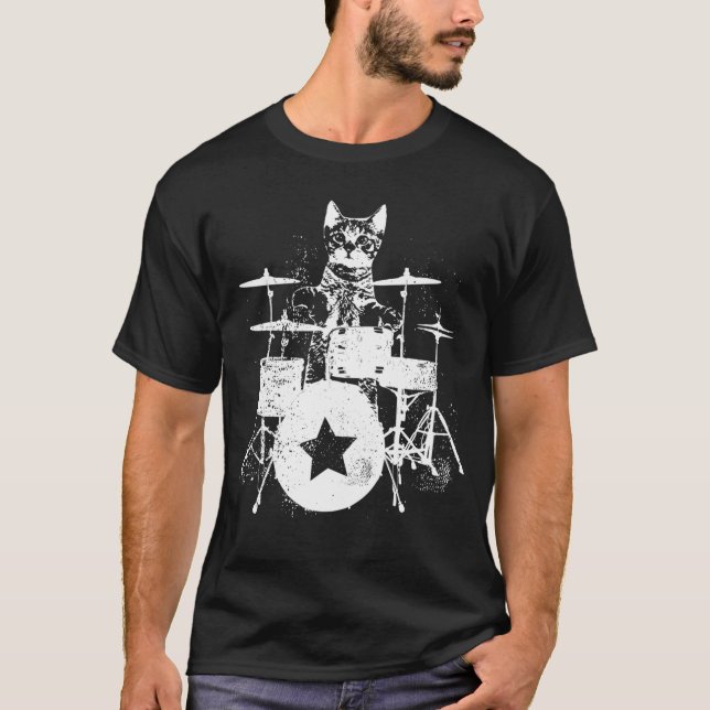 Cat Kitten Musician Drummer Play Drum Set T-Shirt (Front)