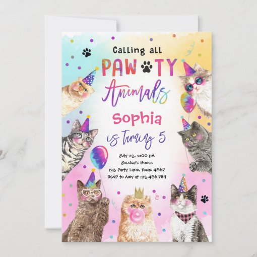 Cat Kitten Party Pawty Animals Girl Birthday Invitation | Zazzle