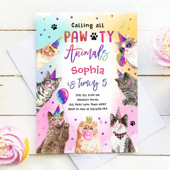 Cat Kitten Party Pawty Animals Girl Birthday Invitation (Creator Uploaded)