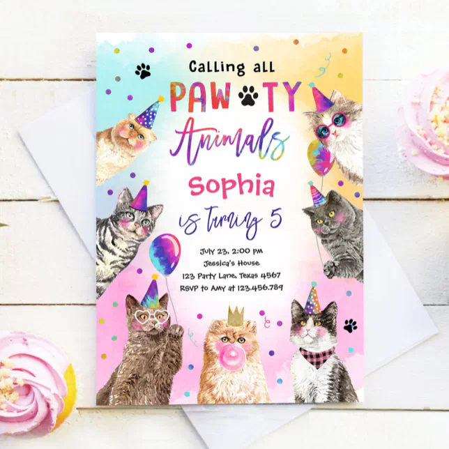 Cat Kitten Party Pawty Animals Girl Birthday Invitation | Zazzle