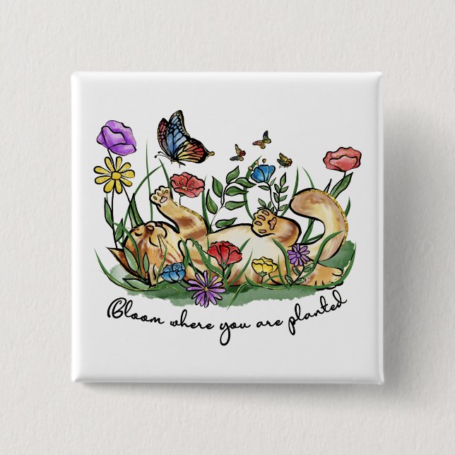 Cat kitten playing garden butterfly flowers bloom button (Front)