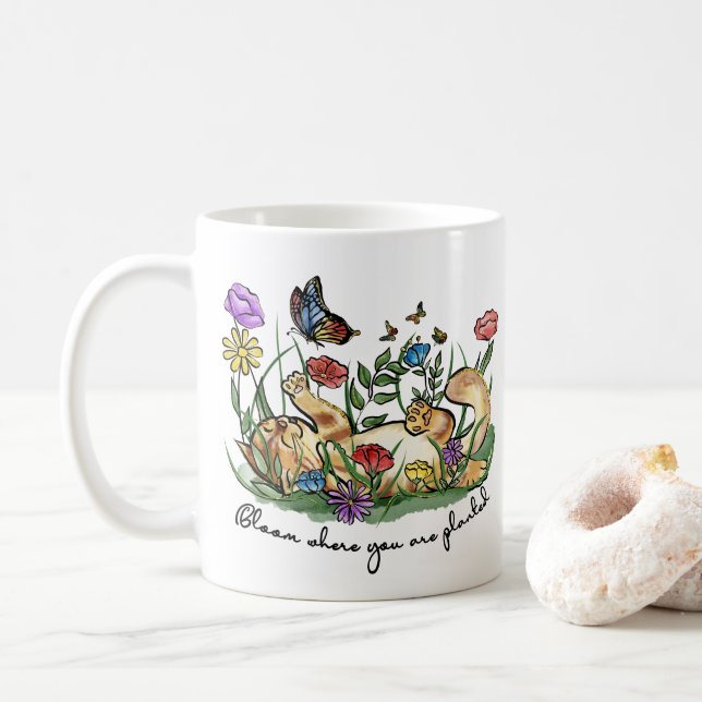 Cat kitten playing garden butterfly flowers bloom coffee mug (With Donut)