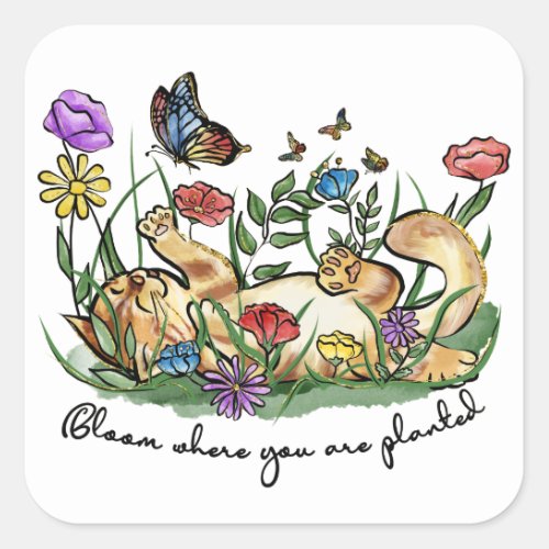 Cat kitten playing garden butterfly flowers bloom  square sticker