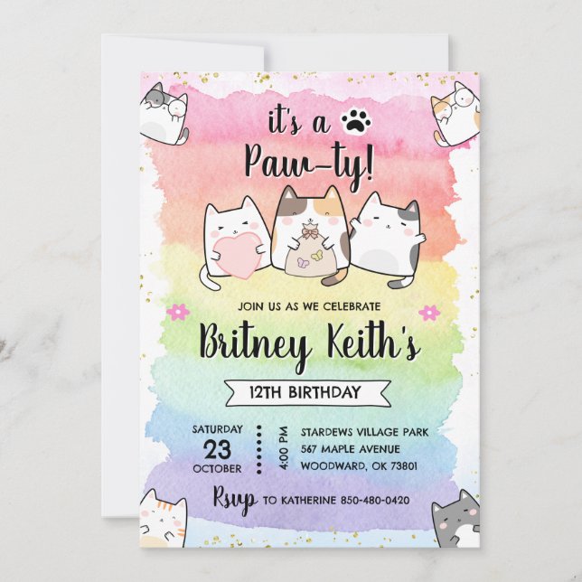 Cat Kitten Rainbow Birthday Boy Girl Invitation (Front)