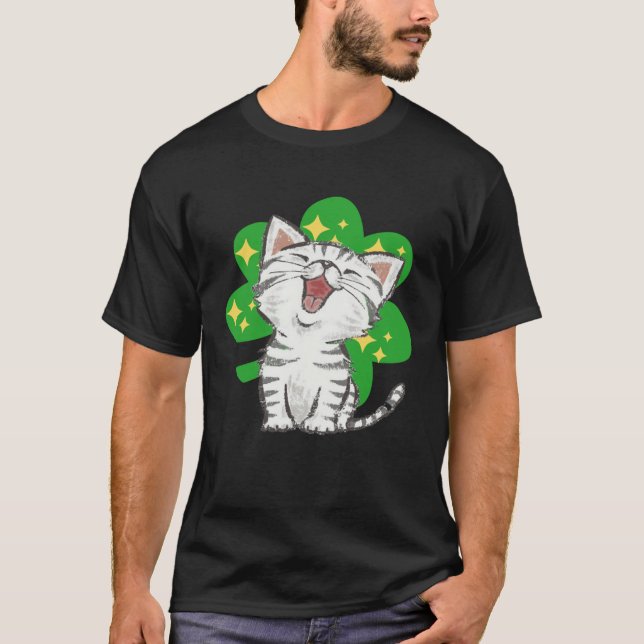 Cat Kitten Shamrock Lucky St Patricks Day T-Shirt (Front)