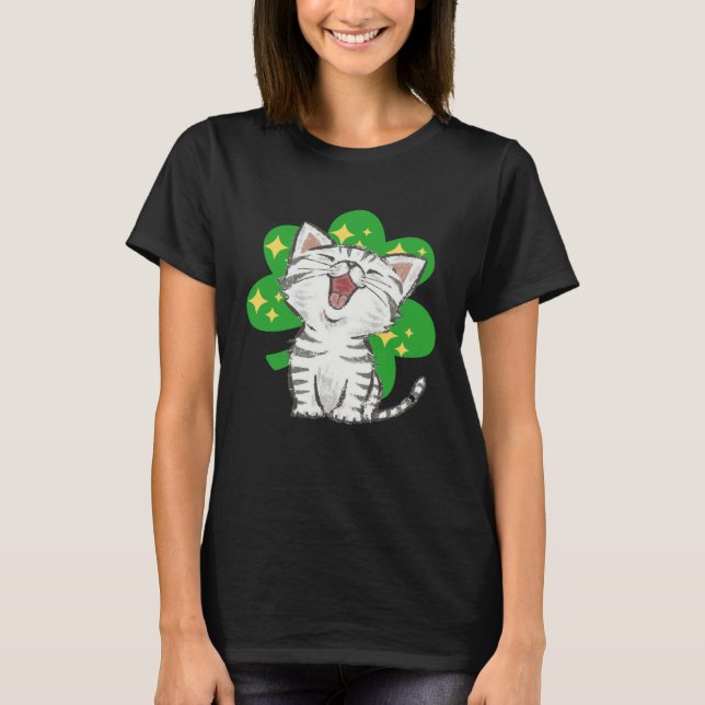 Cat Kitten Shamrock Lucky St Patricks Day T-Shirt (Front)