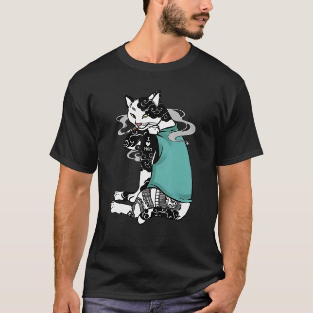 Cat Kitten Smoking Tattoo I Love Mom T-Shirt (Front)