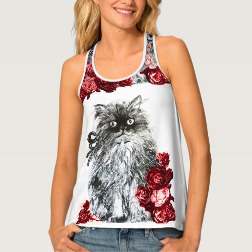 CAT KITTEN WITH WHITE RED ROSES TANK TOP