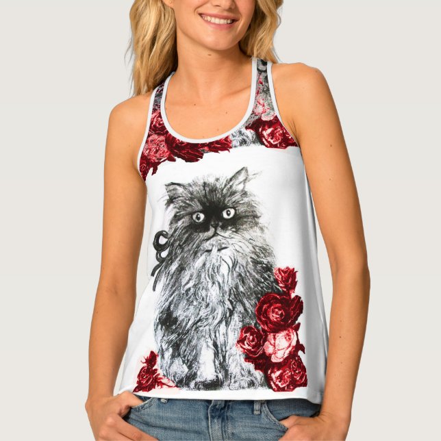 CAT KITTEN WITH WHITE RED ROSES TANK TOP (Front)