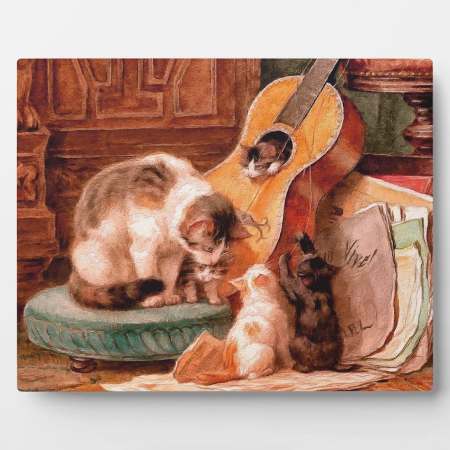 Cat Kittens and Guitar - Painterly Vintage Art Plaque (Front)