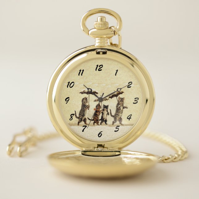 Cat Kittens Walking Upright With Umbrellas in Snow Pocket Watch (Inside)