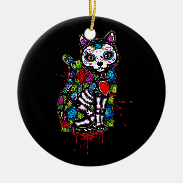 Cat Kitty Kitten Paws Sugar Skull Calavera Hallowe Ceramic Ornament (Front)