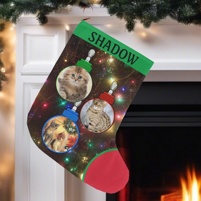 Cat Kitty Photo Tree Ornaments Add Name Large Christmas Stocking (Creator Uploaded)
