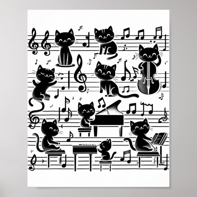 Cat Kitty Playing Music Note Clef Musician Art Cat Poster (Front)