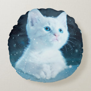 Cat kitty snow art animal nature round pillow