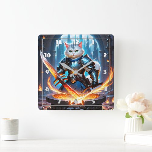 Cat Knight Forging Sword in Magical Forge Square Wall Clock