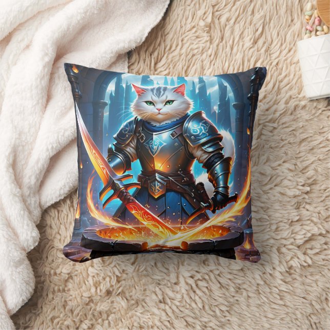 Cat Knight Forging Sword in Magical Forge Throw Pillow (Blanket)