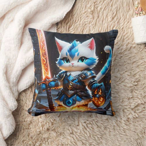 Cat Knight in Armor Wielding a Flaming Sword Throw Pillow