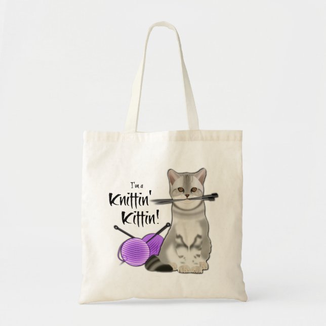Cat Knitting bag cotton tote with handles purple (Front)