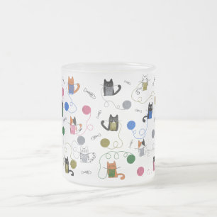 Cat Knitting Gift, Cat With Yarn, Cat Mom Gift Frosted Glass Coffee Mug
