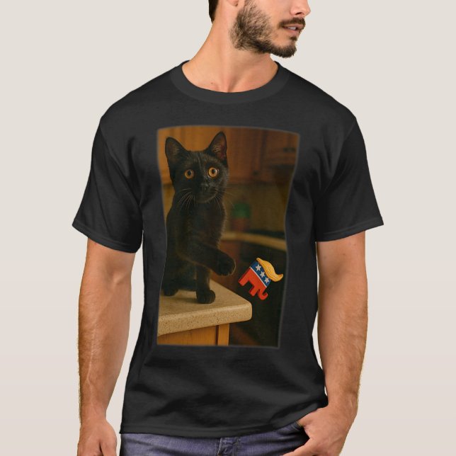 Cat Knocking Trump Off Counter Table Ledge Funny  T-Shirt (Front)