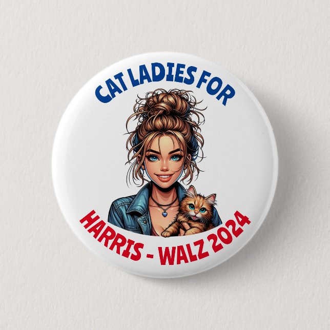 Cat Ladies for Harris and Walz Political Humor Button (Front)